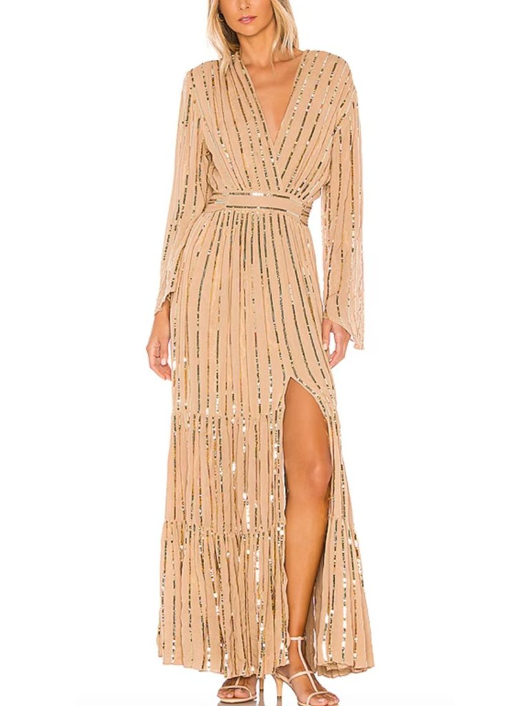 Sundress Nataly Maxi Dress In Cafe Au Lait & Gold Sequins Size Xs/S